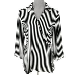 Talbots Top Small Womens Black White Stripe Blouse Side Zip Faux Wrap Pullover